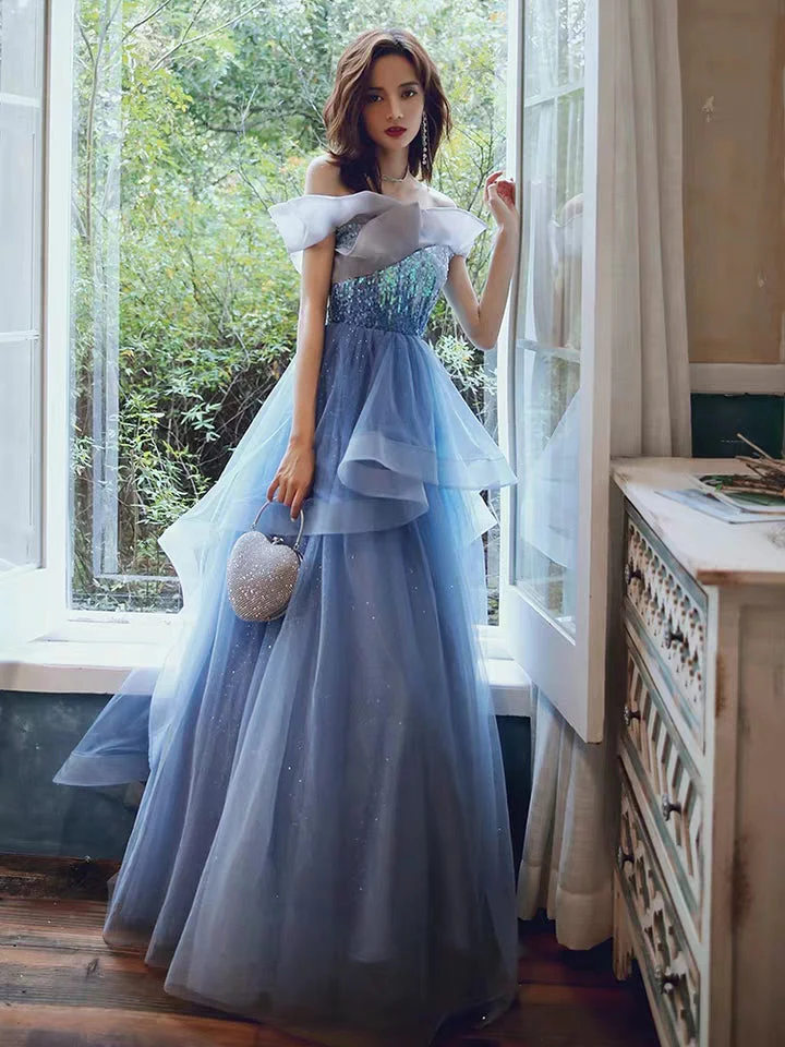 Banquet evening dress new winter temperament blue fairy long paragraph word shoulder sequins annual meeting dress skirt female - Image 2