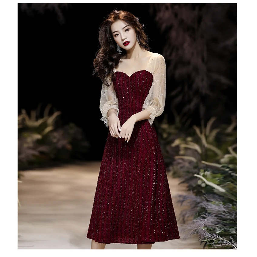 Banquet evening dress red long-sleeved dress  women evening dress birthday party dress - Image 5