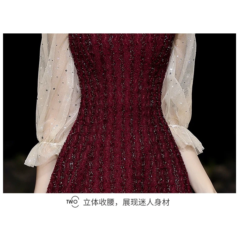 Banquet evening dress red long-sleeved dress  women evening dress birthday party dress - Image 7