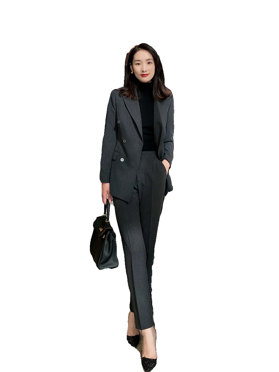 Blue Gray Demi-Season Classic Women's Suit Jacket & Trousers - Image 5