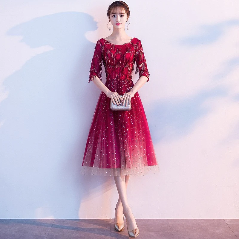 Bride Toasting Suit Celebrity ReceptionWedding Bridesmaid Dress Evening Party Dress Women Midi Dress Red Slim Elegant - Image 3