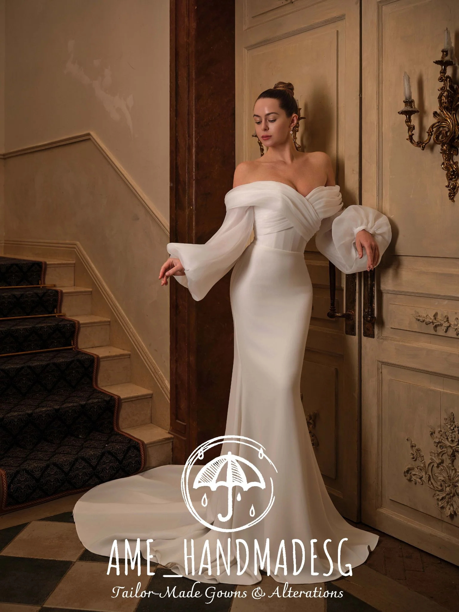 Ethereal Grace — Off-Shoulder Satin Bridal Gown with Sheer Sleeves - Image 3