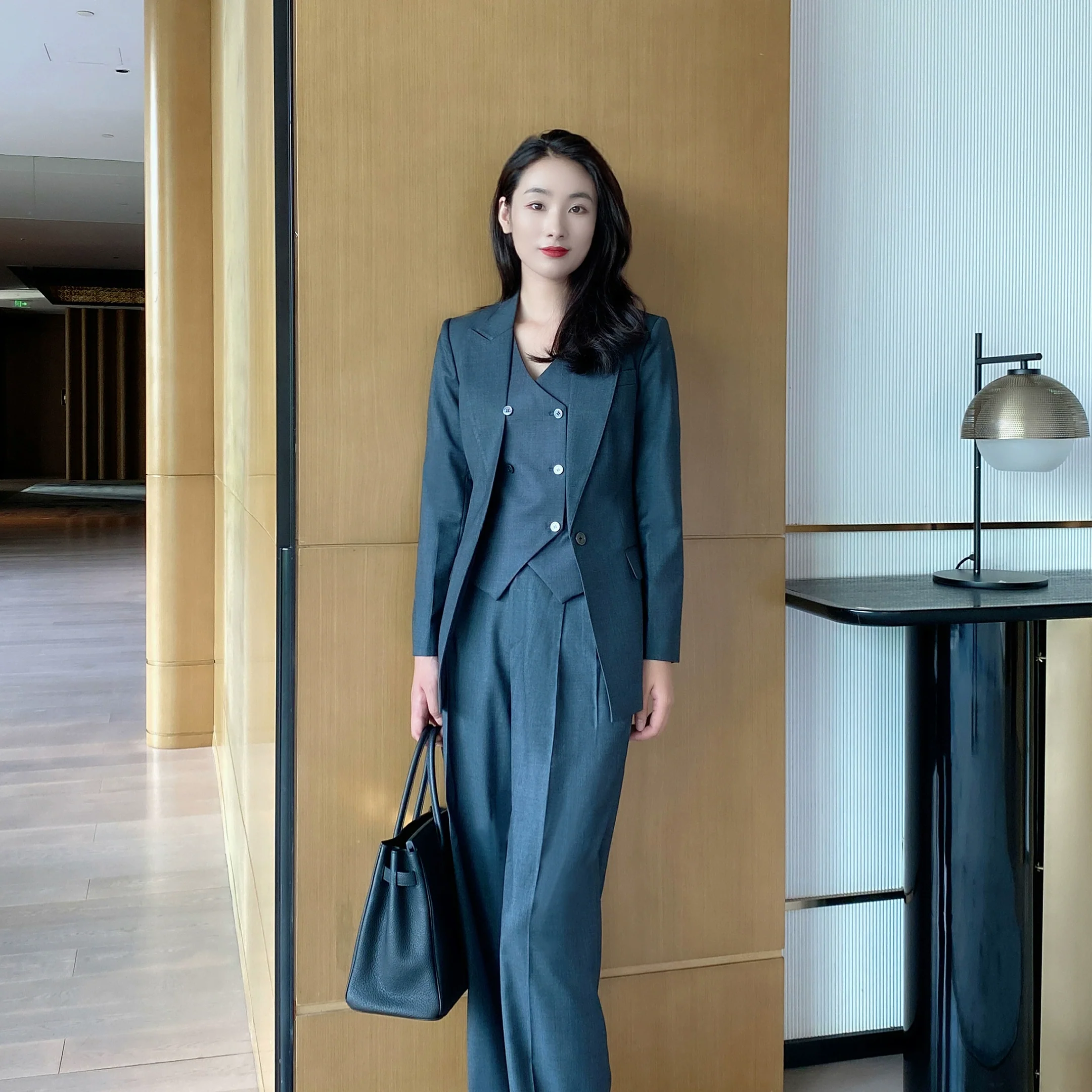 Dark Gray Slim Fit Wool 3-Piece Women's Suit Set - Image 2