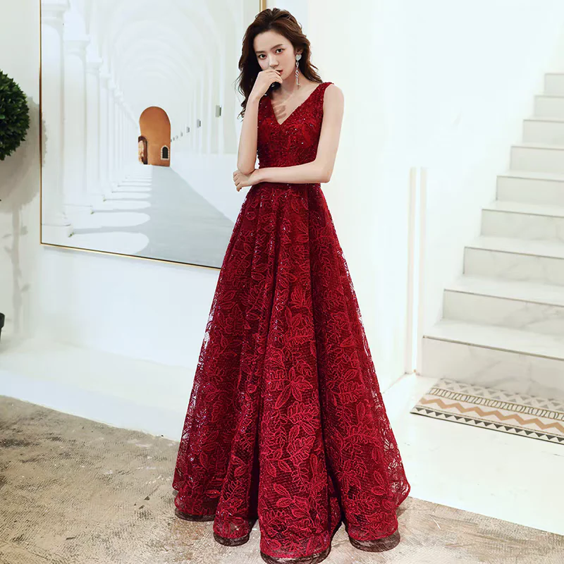 EG-SALE-AME-00113 Burgundy toast dress bride high-end wedding day casual dress high-end evening dress engagement dress - Image 3