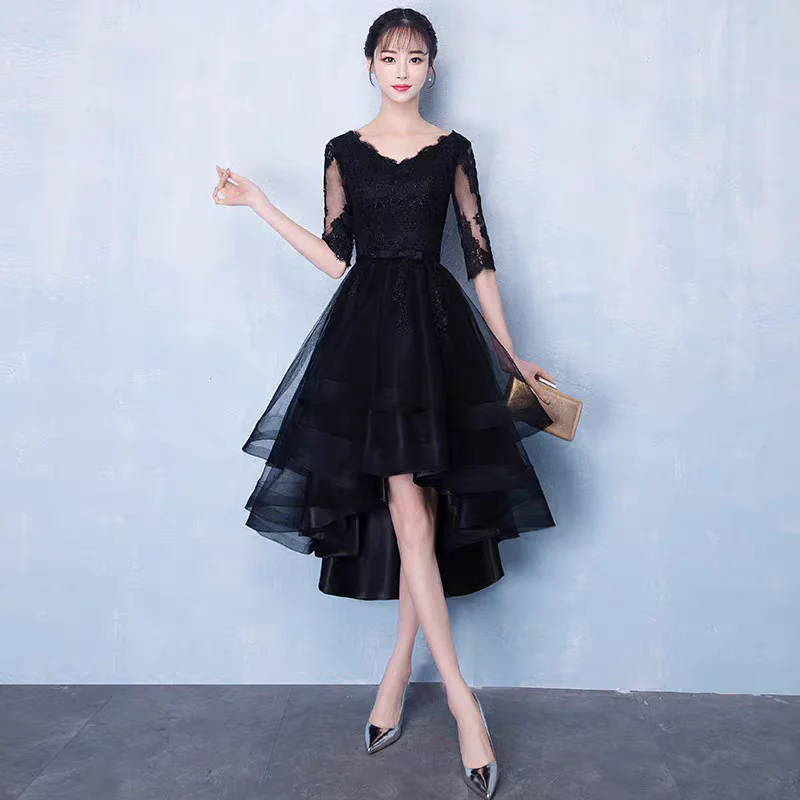 EG-SALE-AME-00131 Black banquet evening dress new winter fashion short front and long back party party small dress dress female - Image 2