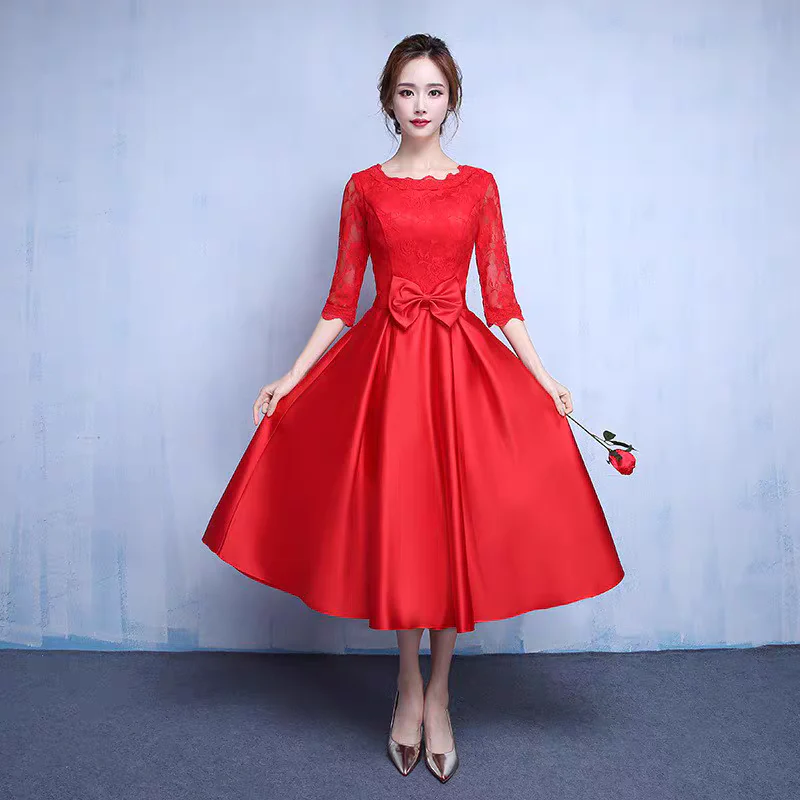 EG-SALE-AME-00178 New style evening dress mid-length long-sleeved wedding dress toast dress - Image 5