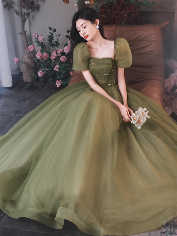 EG-SALE-AME-00181 Forest style evening dress for women light luxury high-end fairytale aesthetic olive green tone, puff sleeves, and flowing tulle skirt - Image 2