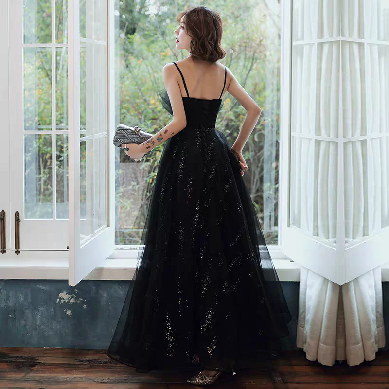EG-SALE-AME-00195 new black long evening dress ,backless dress host suspender evening dress female - Image 3