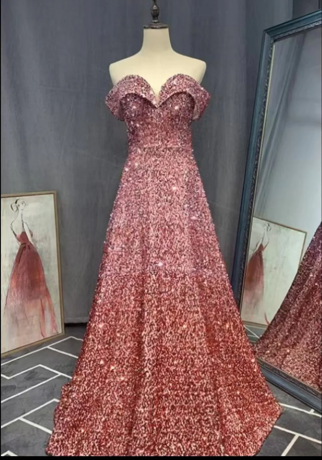 EG-SALE-AME-00200 OFF-shoulder sequined evening dress high-end banquet host , exam annual meeting light luxury