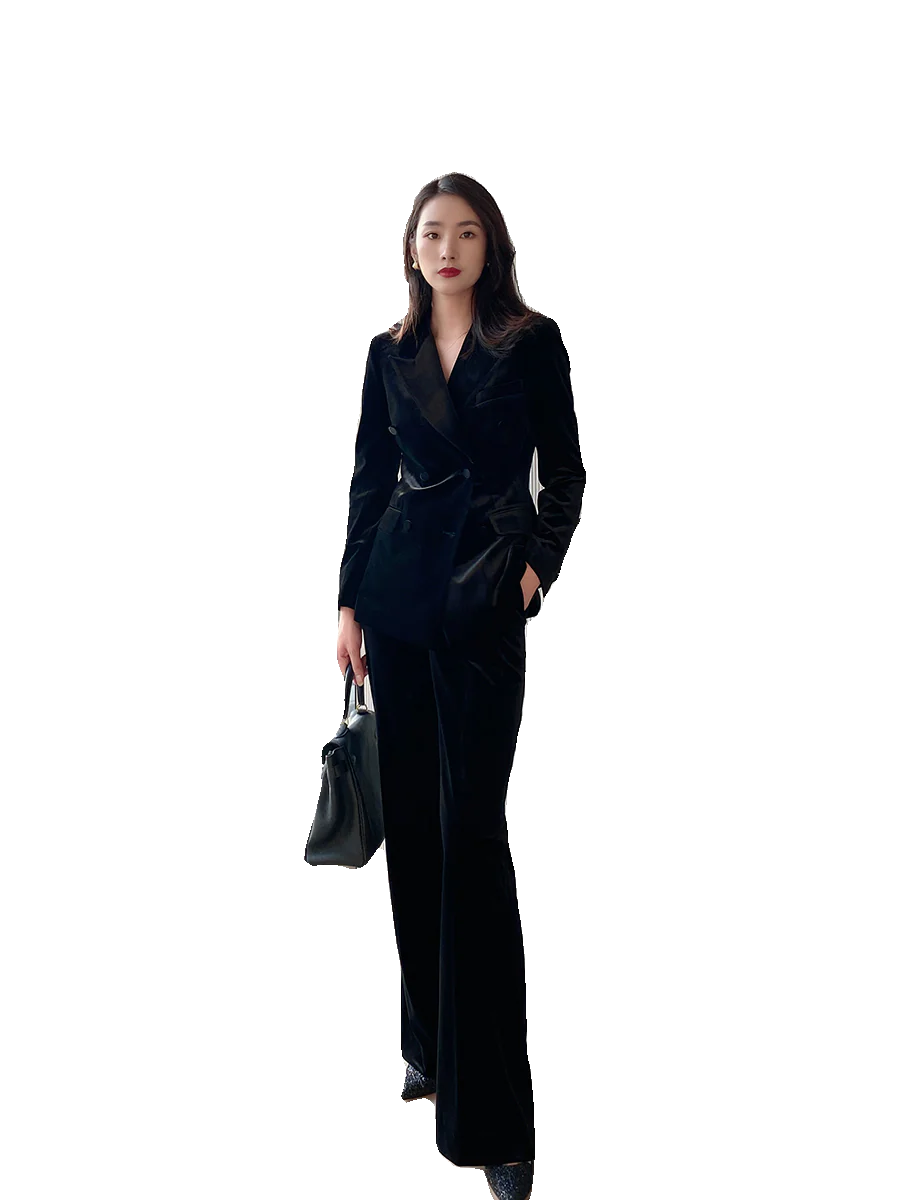 Elegant Black Velvet Demi-Season Suit with Flared Trousers - Image 5