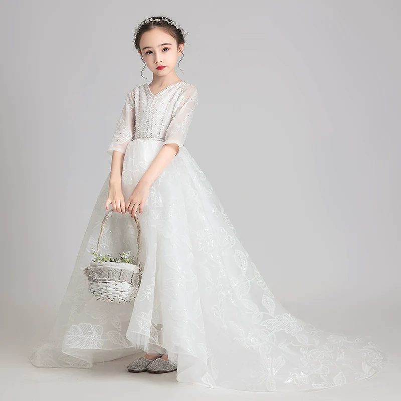 Elegant Flower Girl Dress Extra-Long Wedding Princess Costume Evening Gown - Image 4