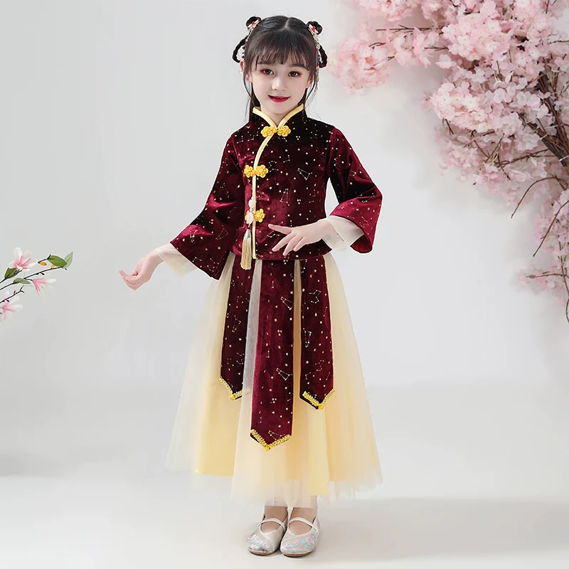 Elegant Girls' Chinese Hanfu Dress Autumn Spring Cheongsam Traditional Performance Outfit - Image 3