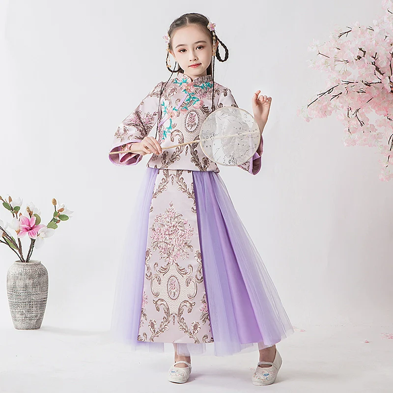 Elegant Girls' Fleece Lined Hanfu Cheongsam Dress: Traditional Chinese New Year Outfit - Image 3