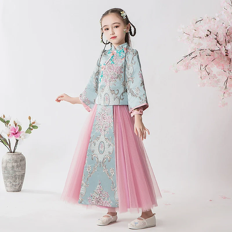 Elegant Girls' Fleece Lined Hanfu Cheongsam Dress: Traditional Chinese New Year Outfit - Image 8