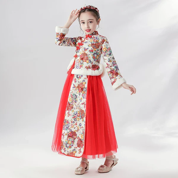 Elegant Kids Princess Hanfu Dress: Winter Warm Long-Sleeve Traditional Chinese Costume