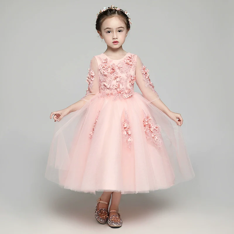 Elegant Long Sleeve Flower Girl Dress Princess Evening Costume