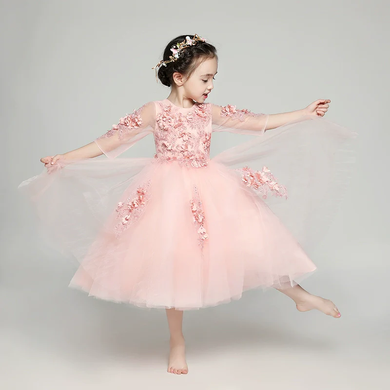 Elegant Long Sleeve Flower Girl Dress Princess Evening Costume - Image 2