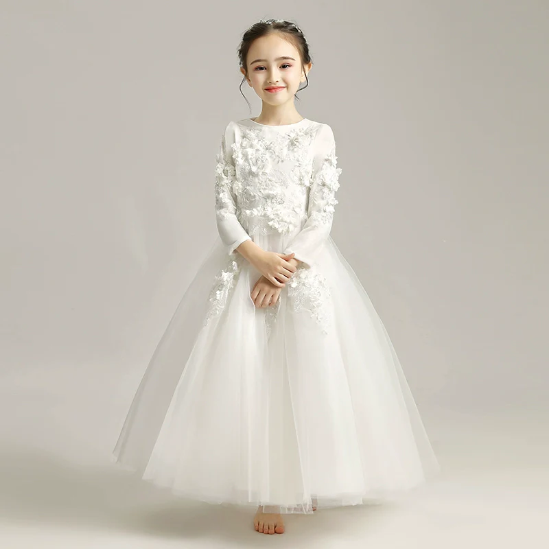 Elegant Princess Flower Girl Dress: Long-Sleeve Fleece Wedding Performance Gown - Image 2