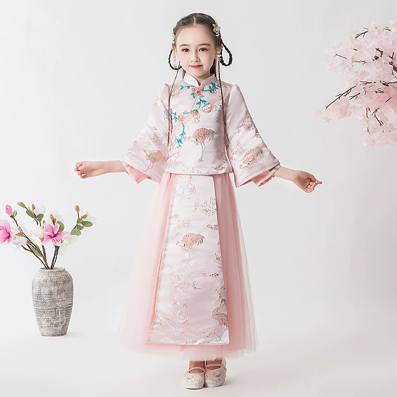 Elite Long Sleeve Children's Hanfu Cheongsam Traditional Wedding Dress Set - Image 7