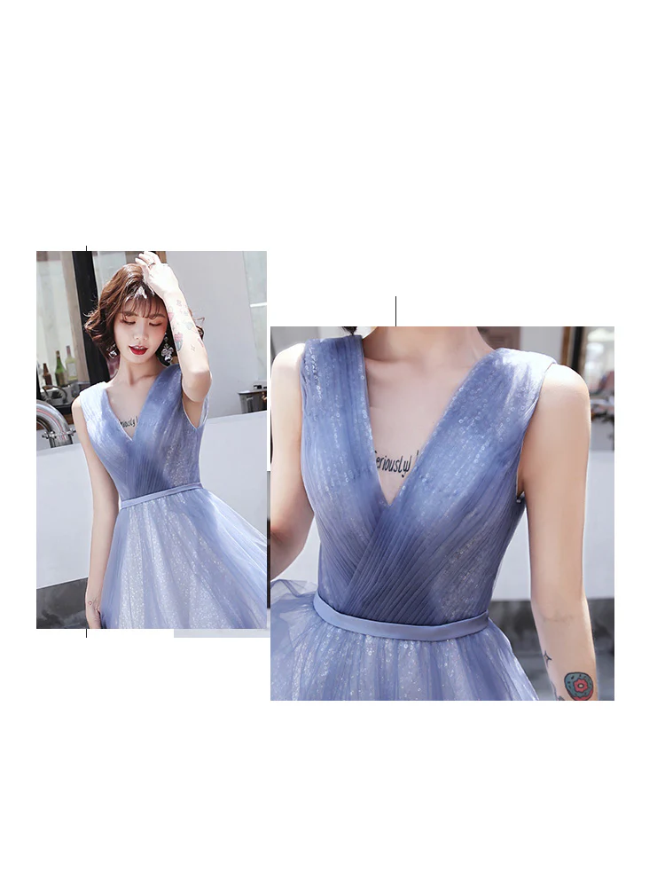 Evening Gowns Elegant Tiered V-neck Blue A-Line Robe De Soiree Sleeveles Floor-Length Women Party Dresses E861 - Image 5
