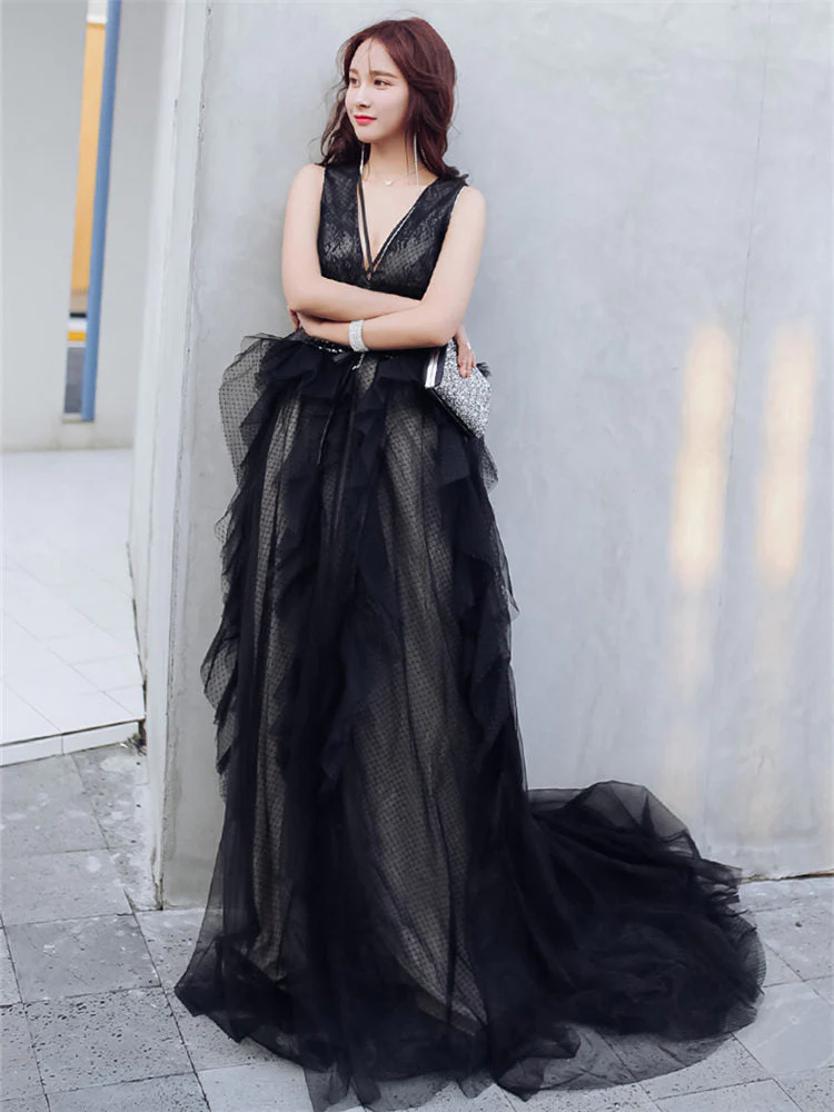 Evening Gowns Sexy V-neck Backless Black Train Robe De Soiree Formal Sleeveless A-Line Women Party Dresses E874 - Image 4