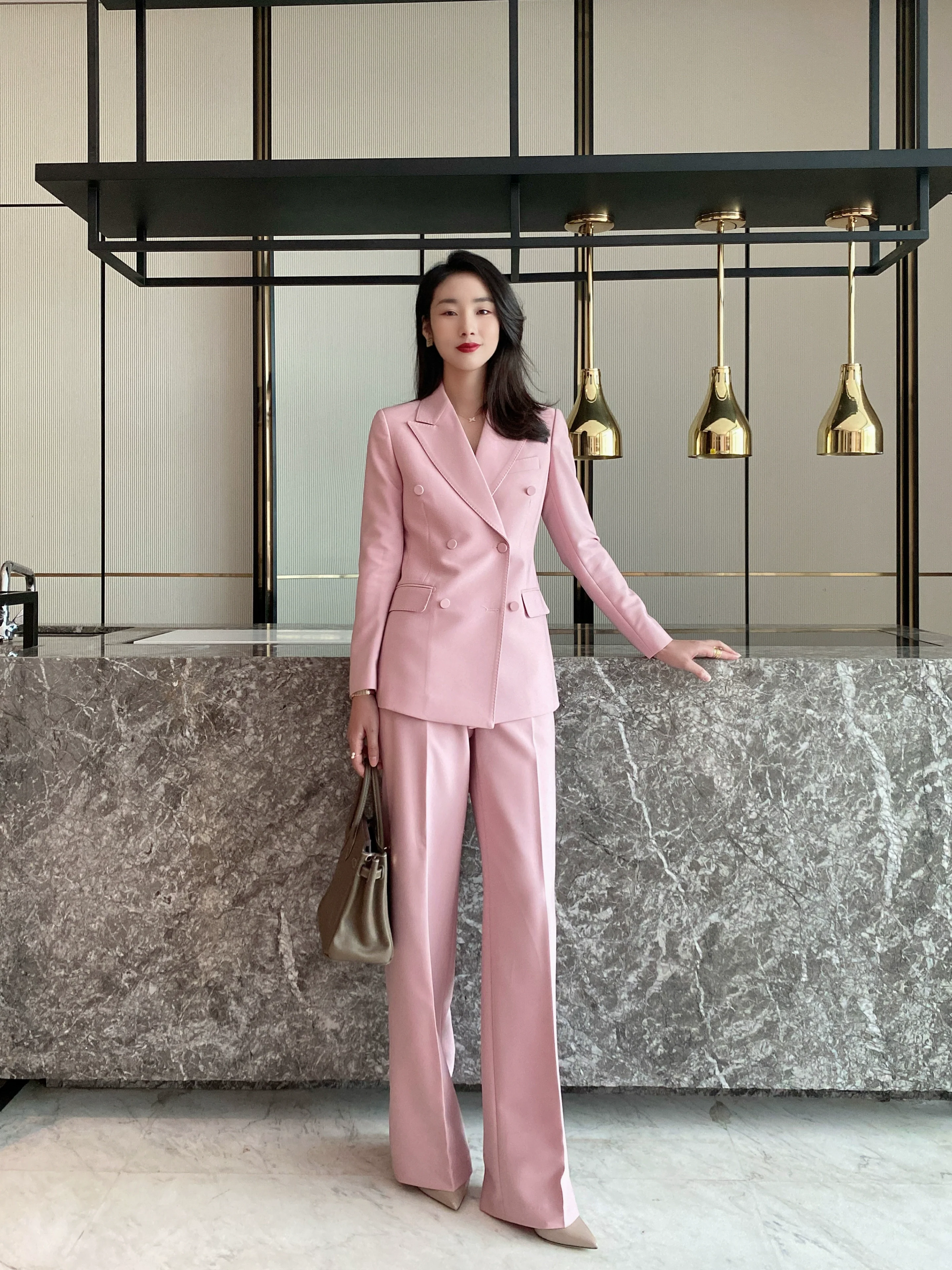 Fuchsia Classic Double-Breasted Suit with High-Waist Wide-Leg Trousers - Image 2