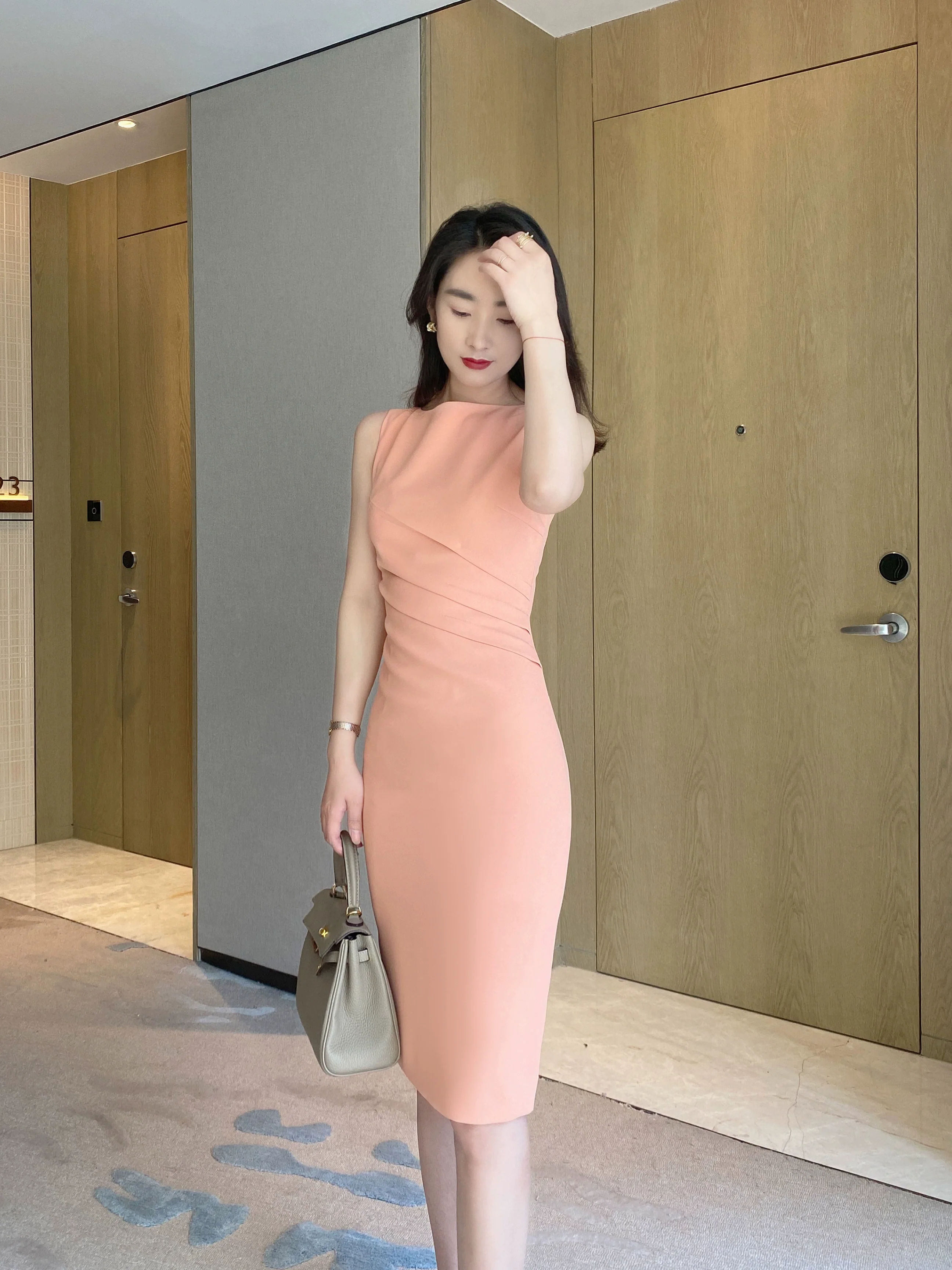 Fuchsia Sleeveless Elegant Fit Dress with Hip Accents - Image 2