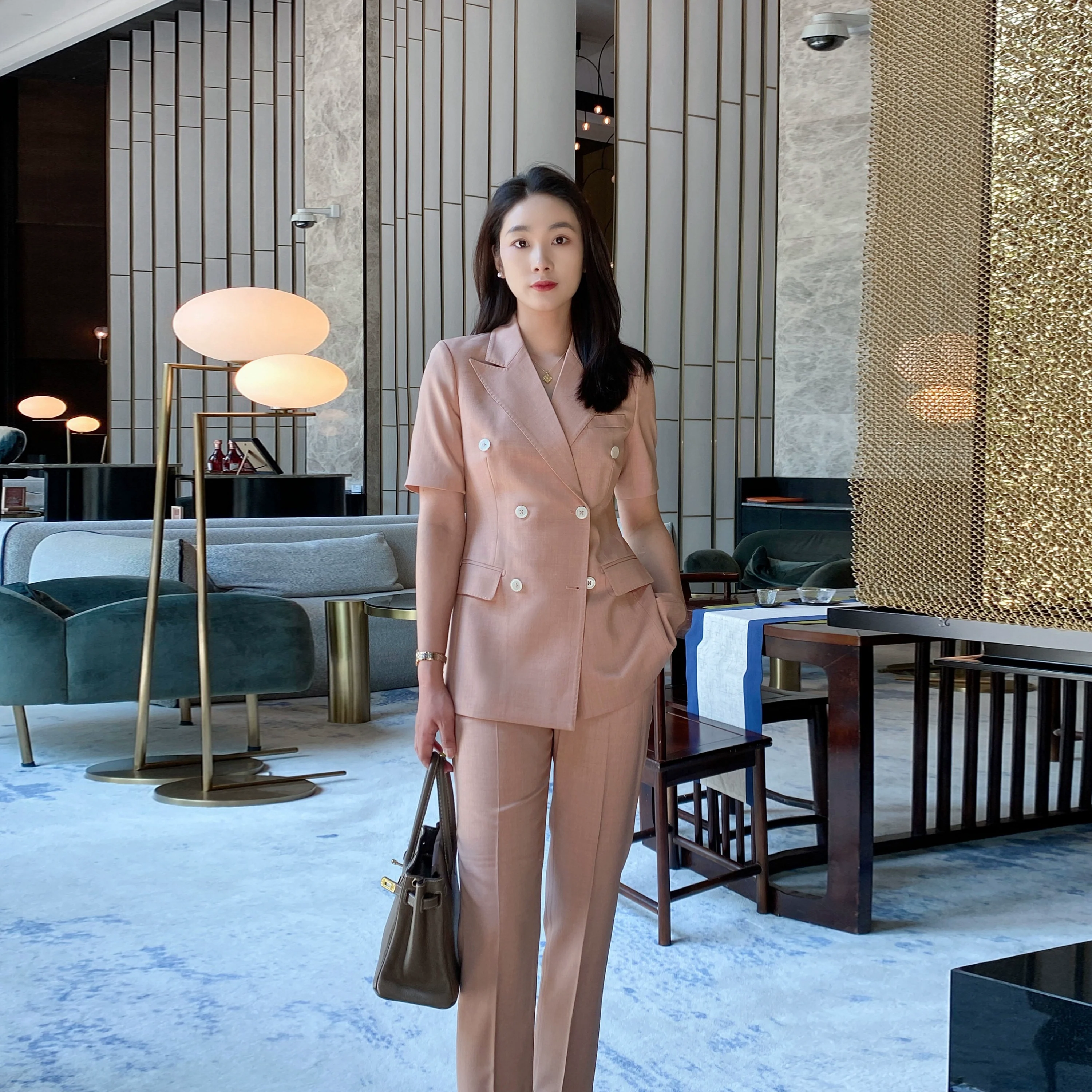Fuchsia Summer Light Slim Suit Set with Short Sleeve - Image 2
