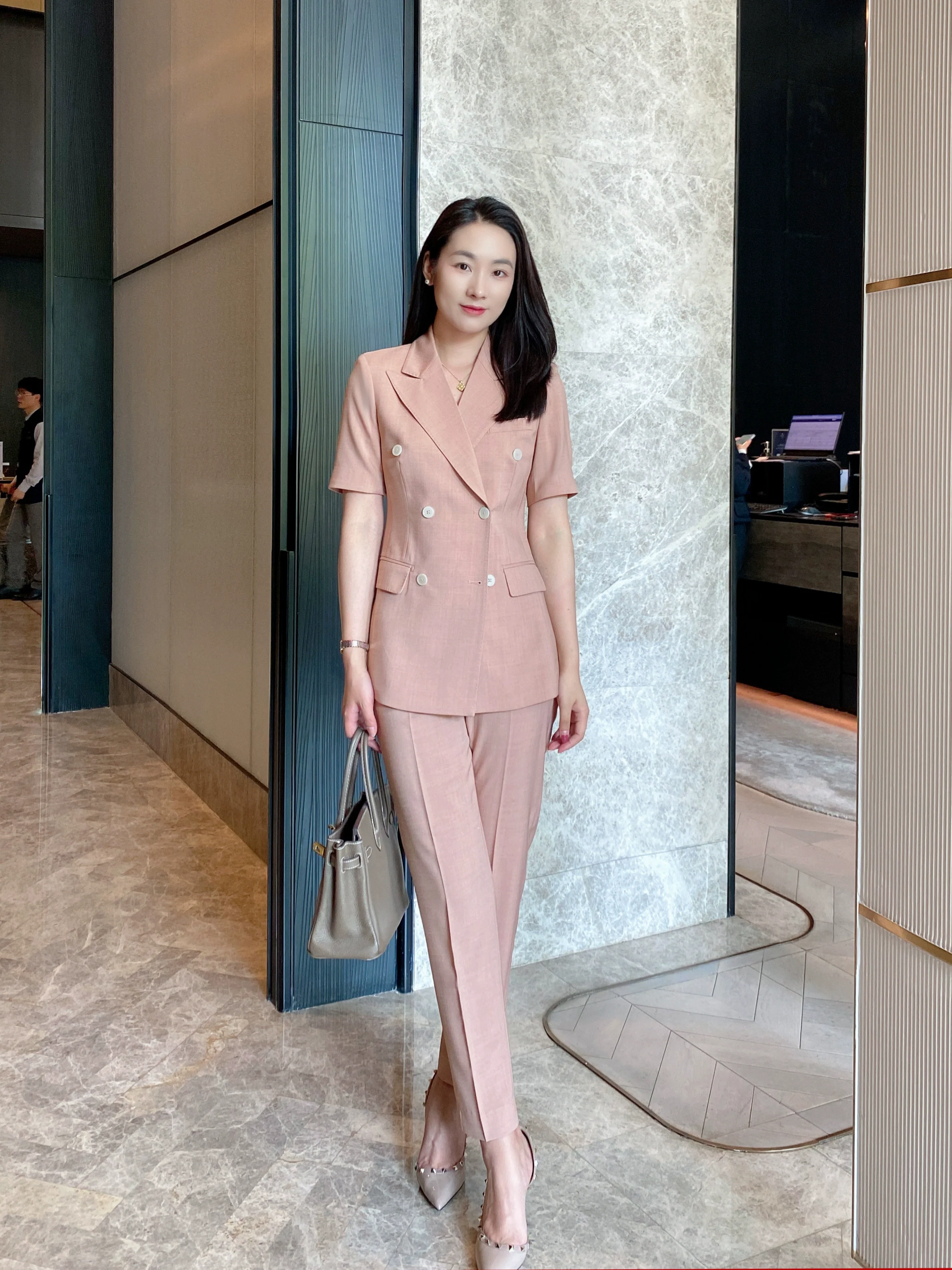 Fuchsia Summer Light Slim Suit Set with Short Sleeve - Image 6