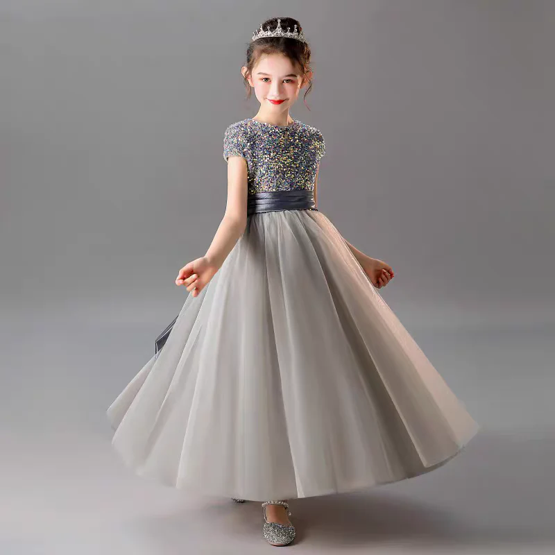 EG-SALE-AME-00125 Girls' Sequin Piano Dress - High-End Performance Costume with Belt by Ame Handmadesg