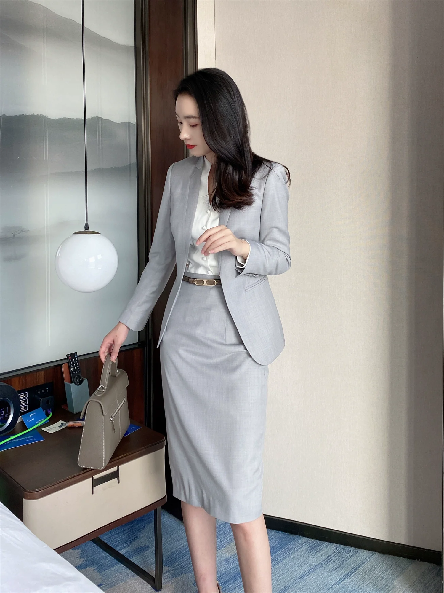Grey Elegant Women's Suit Set with Hip Skirt - Image 2
