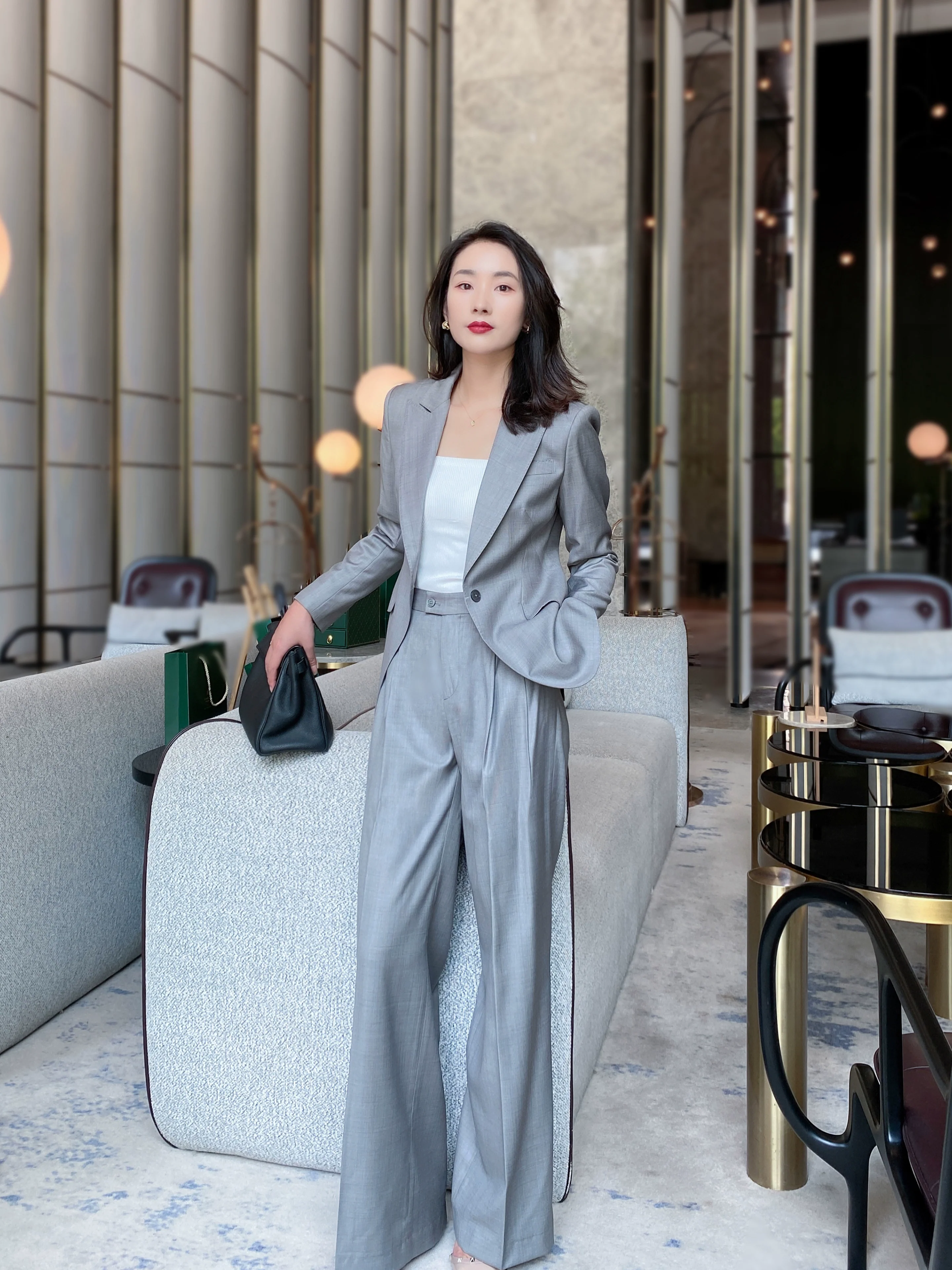 Grey Spring Autumn Unisex Classic Suit Jacket with Wide-Leg Trousers - Image 6
