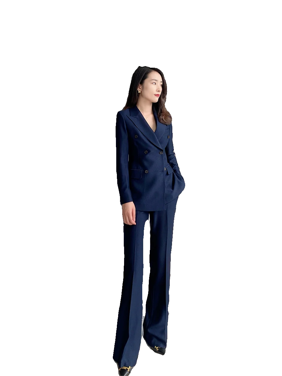 High-End Dark Navy Flared Trousers Slim Fit Business Suit - Image 2