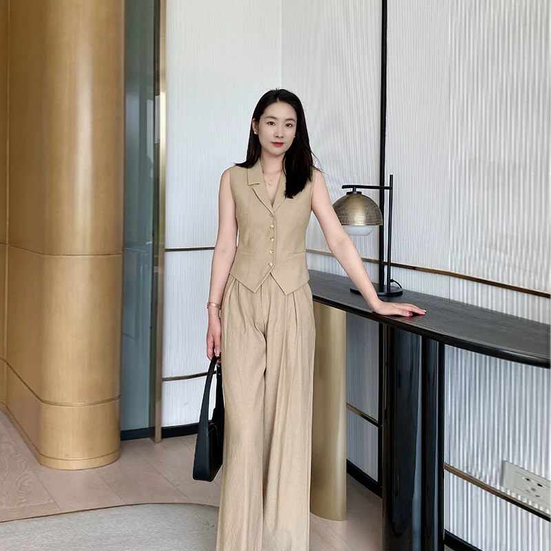 Khaki Summer Slim Vest & Wide-Leg Trousers Set for Women - Image 3