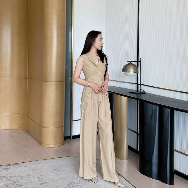 Khaki Summer Slim Vest & Wide-Leg Trousers Set for Women - Image 4