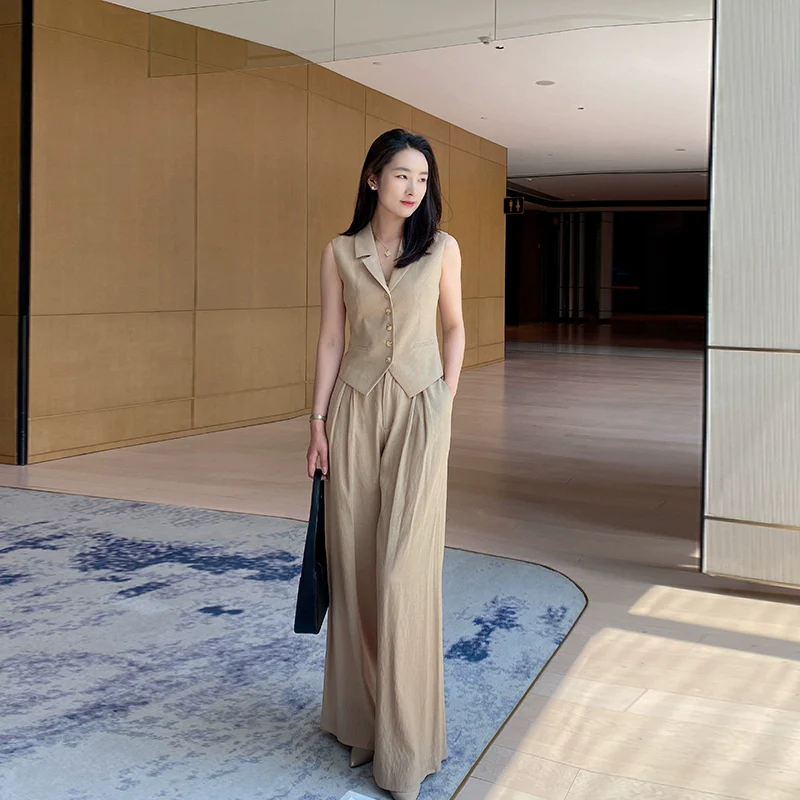 Khaki Summer Slim Vest & Wide-Leg Trousers Set for Women - Image 5