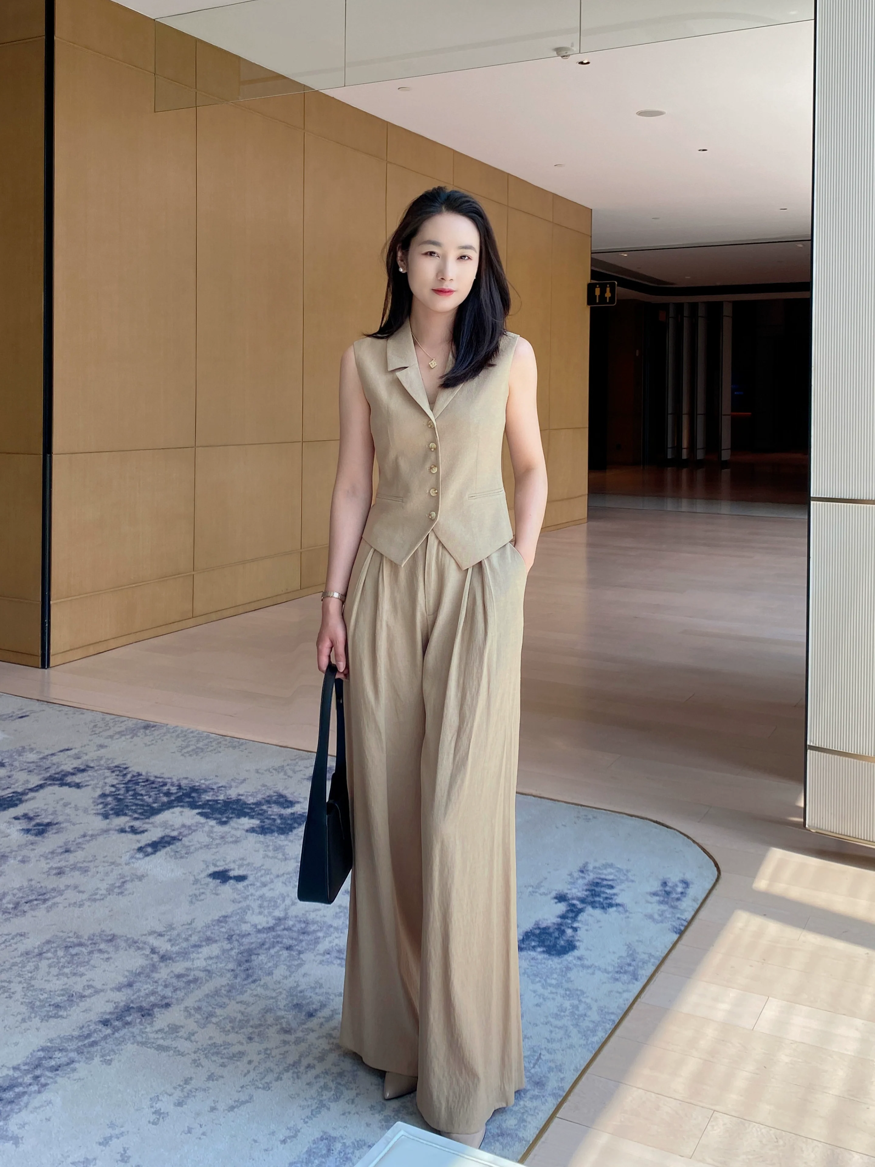 Khaki Summer Slim Vest & Wide-Leg Trousers Set for Women - Image 6