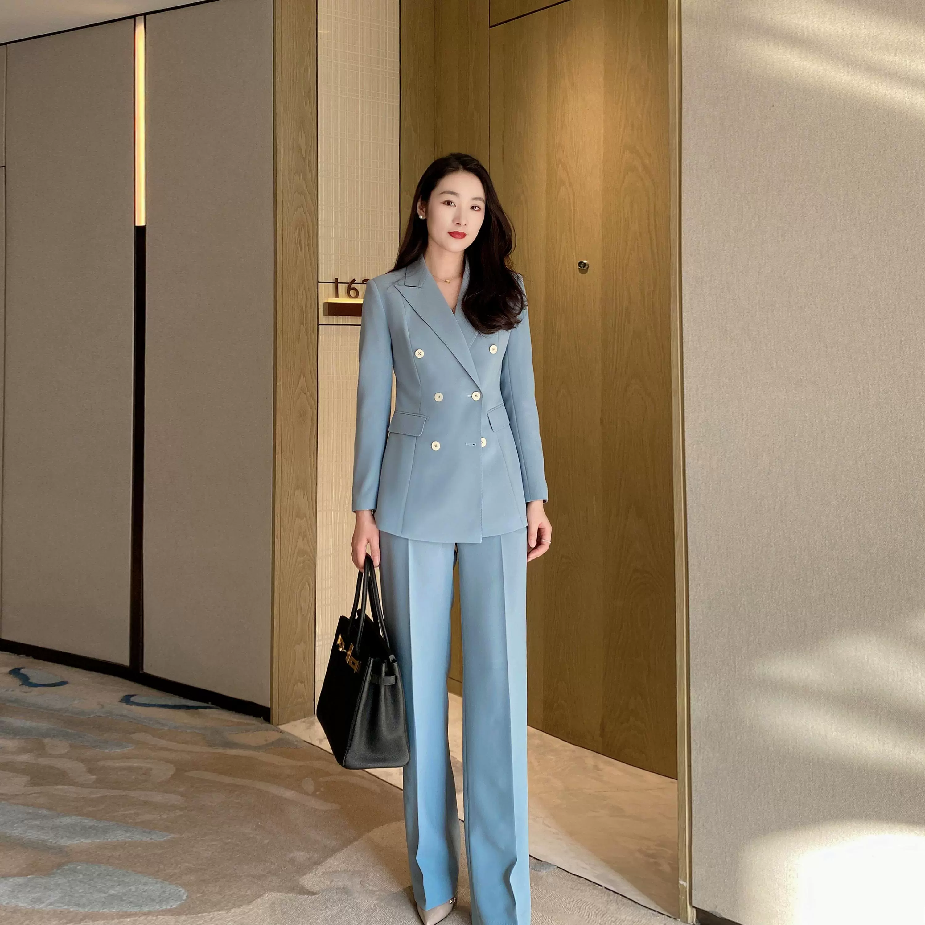 Lake Blue Women's Double‑Breasted Suit Set with Loose Straight Trousers - Image 4