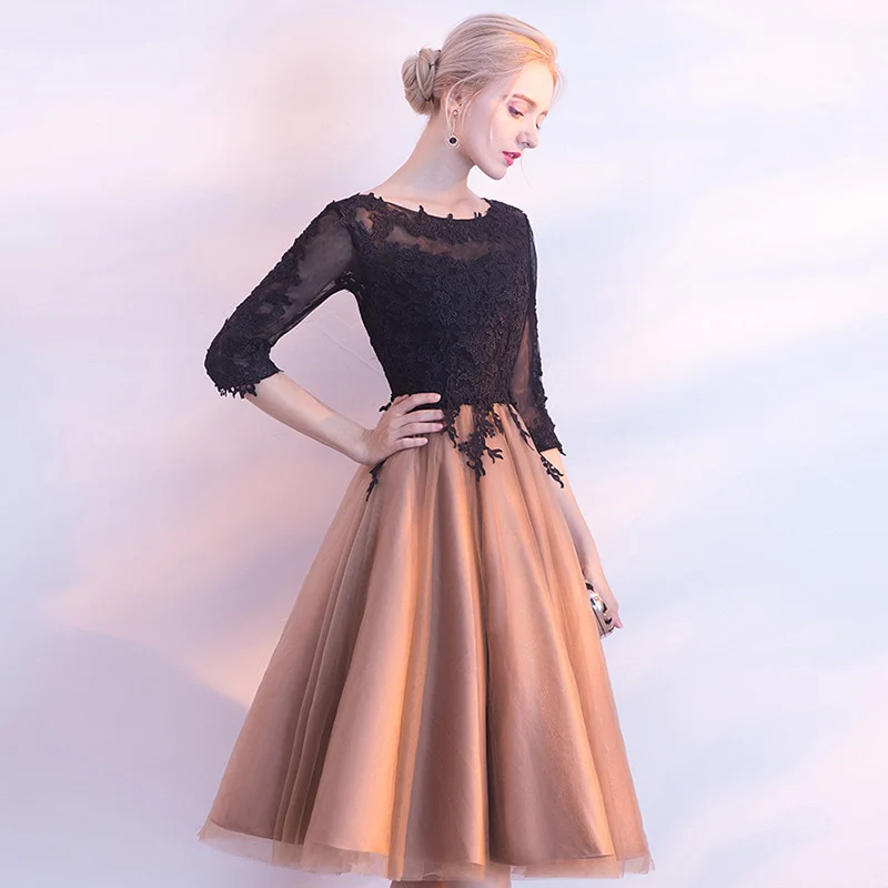 Luxury Black And Yellow O-Neck Half Sleeve Backless Appliques Lace Up Cocktail Dresses Knee Length Formal Dress LX458 - Image 3