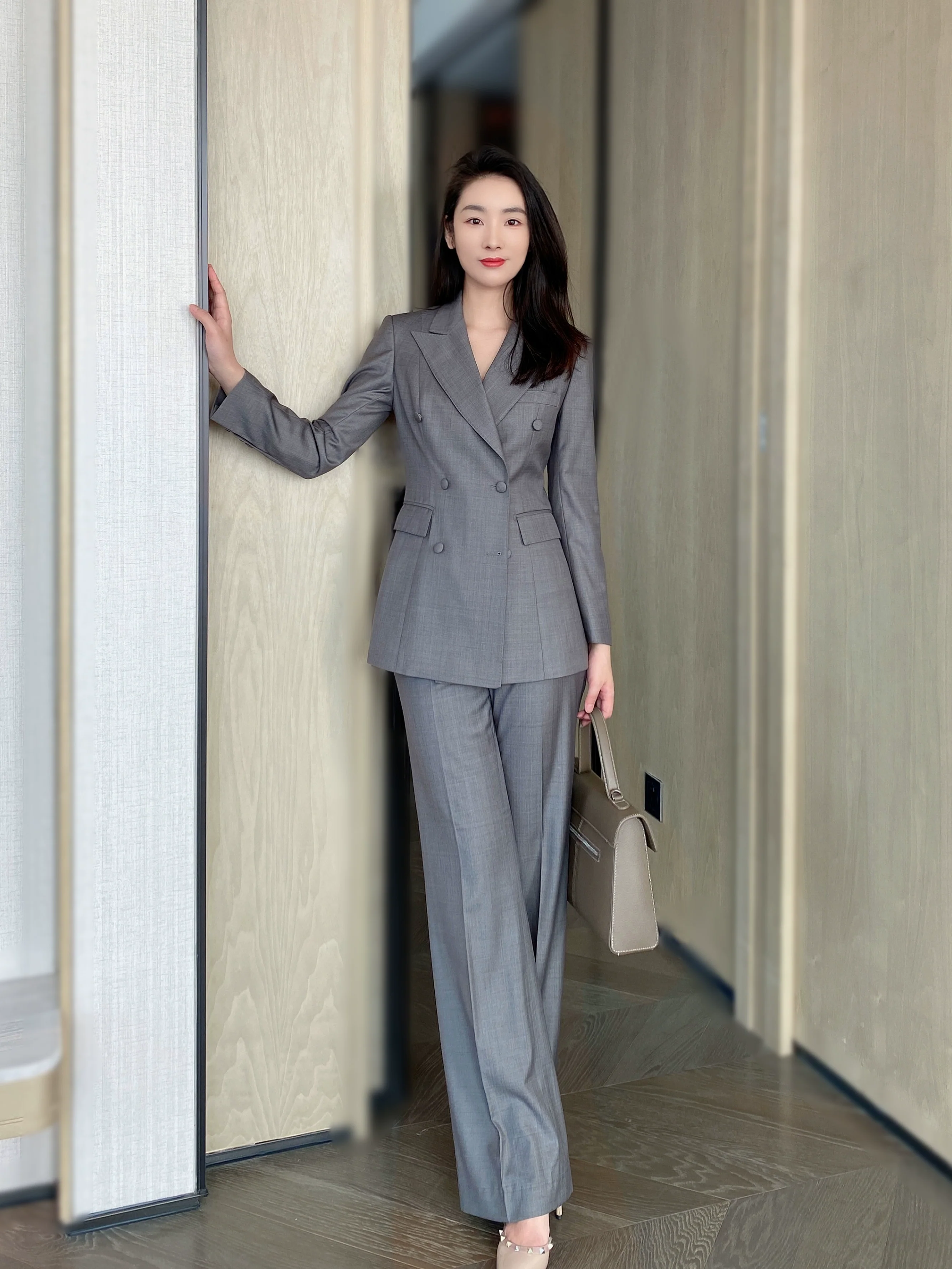 Medium Gray Autumn Classic Women’s Suit Jacket and Trousers Set - Image 3