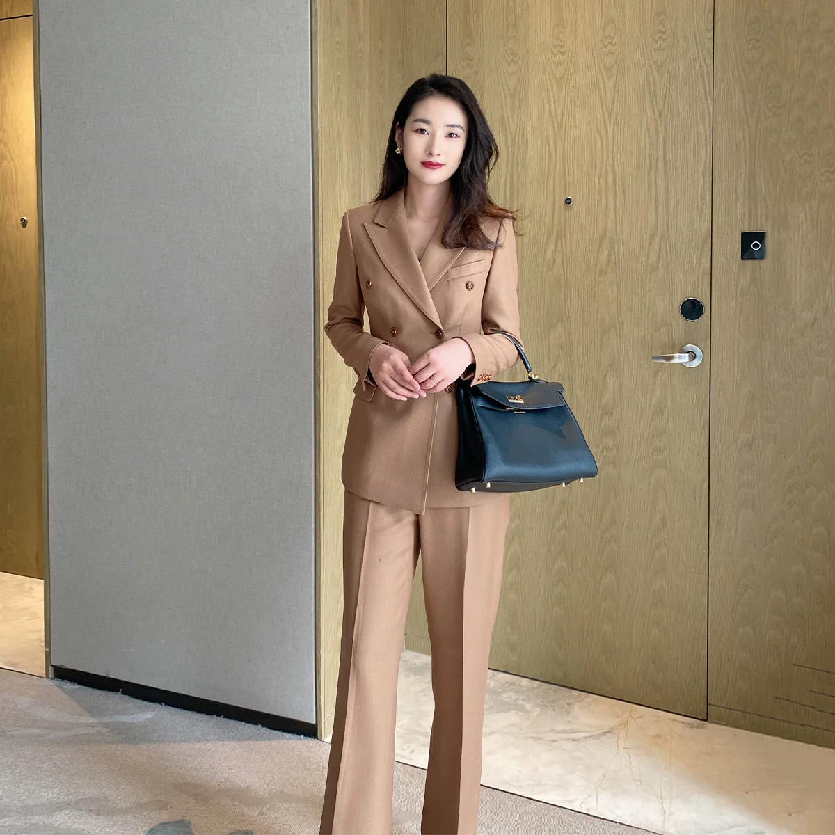 Premium Camel Wool Women’s Suit Set with Slim Fit Trousers - Image 2
