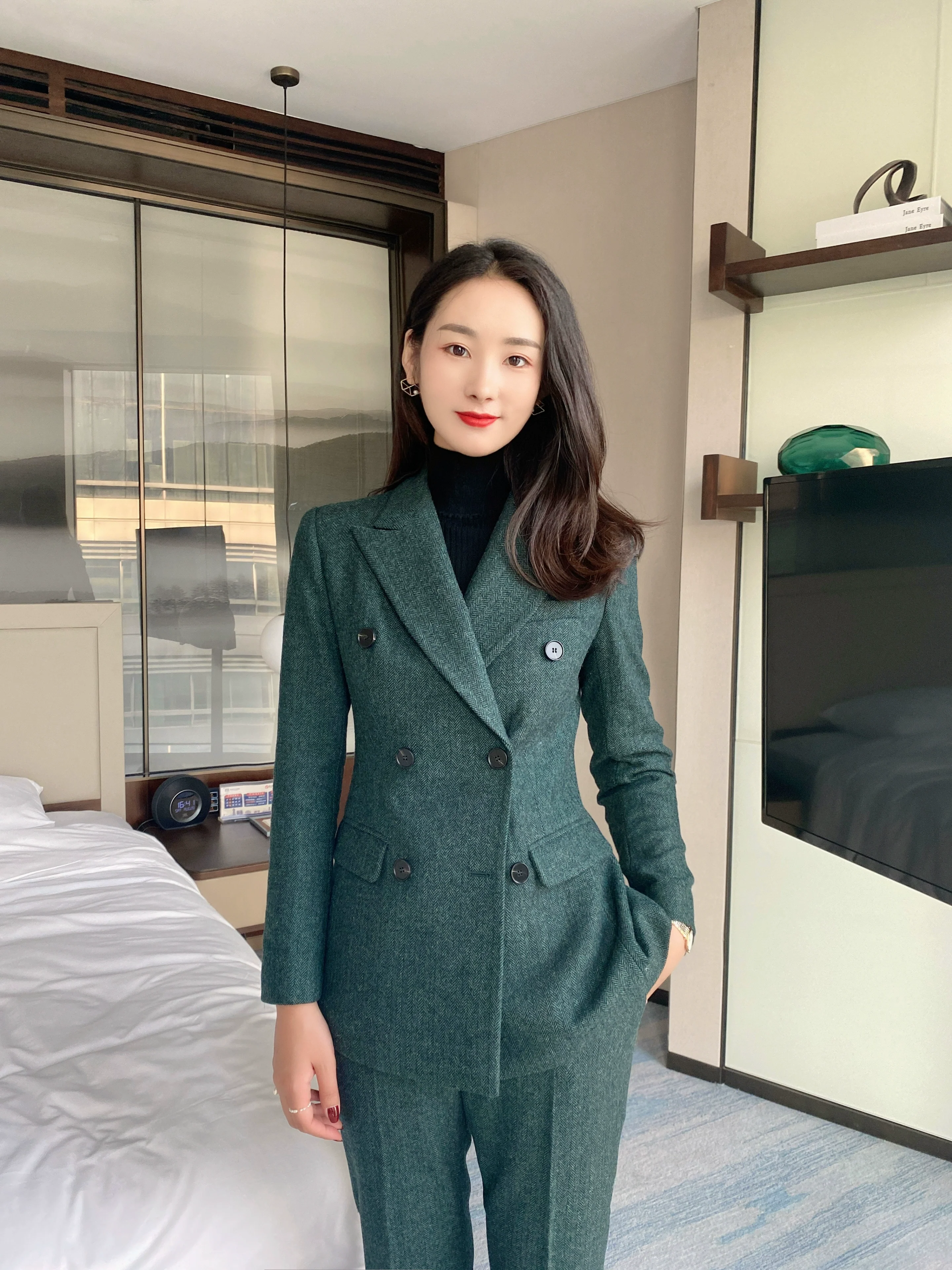 Premium Dark Green Woolen Suit Jacket & Trousers for Women - Image 3