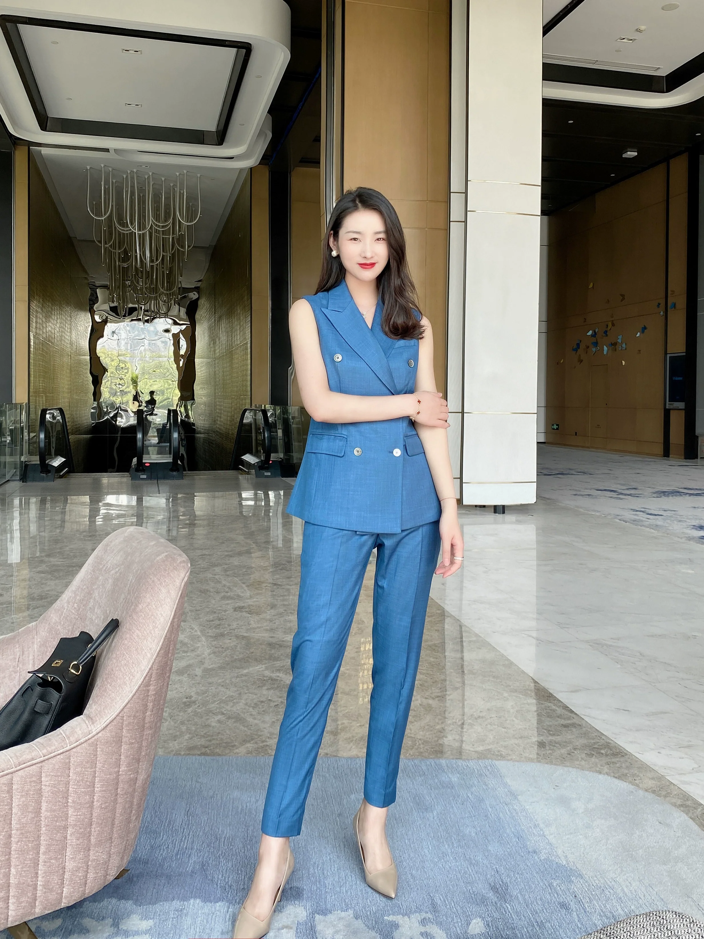 Prussian Blue Summer Thin Suit Set with Sleeveless Vest - Image 6