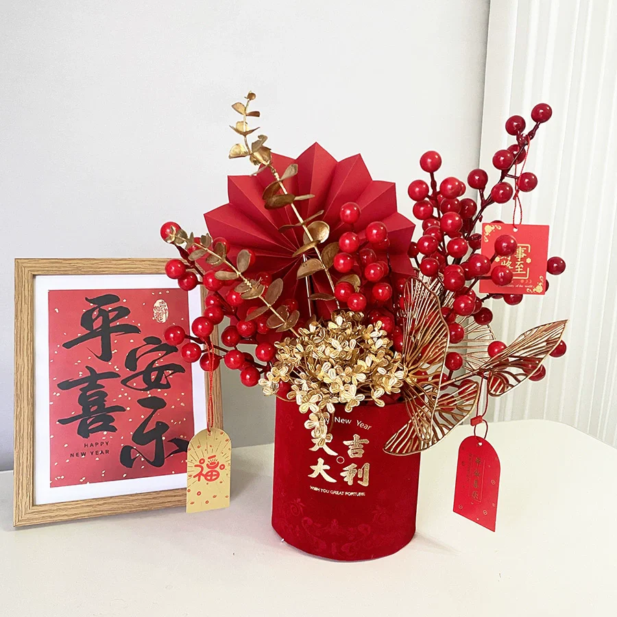 Red New Year Floral Bucket Decorative Arrangement for Home - Image 3