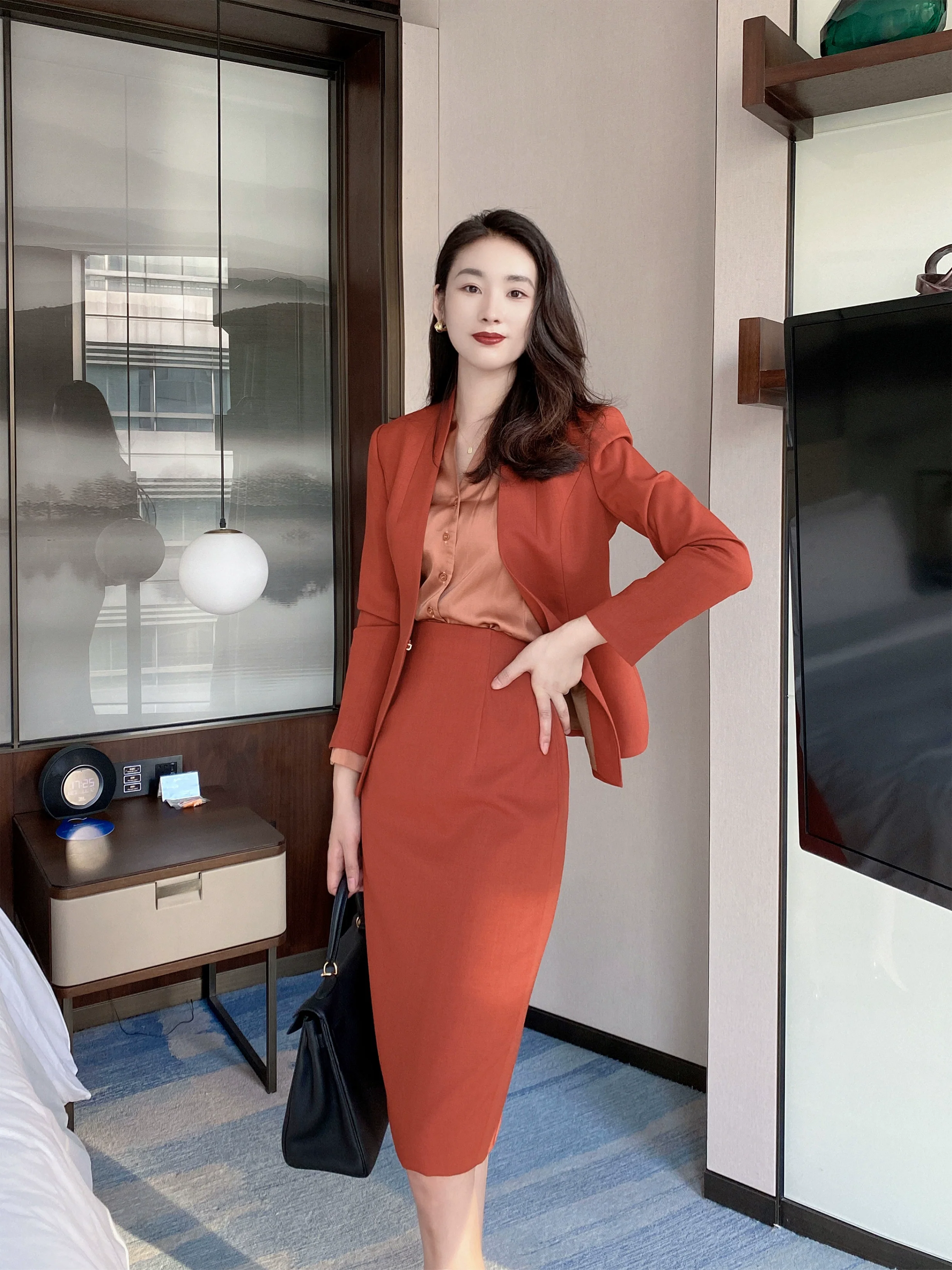 Rust Red Autumn Short Jacket & Pleated Skirt Set – Slim Fit - Image 2