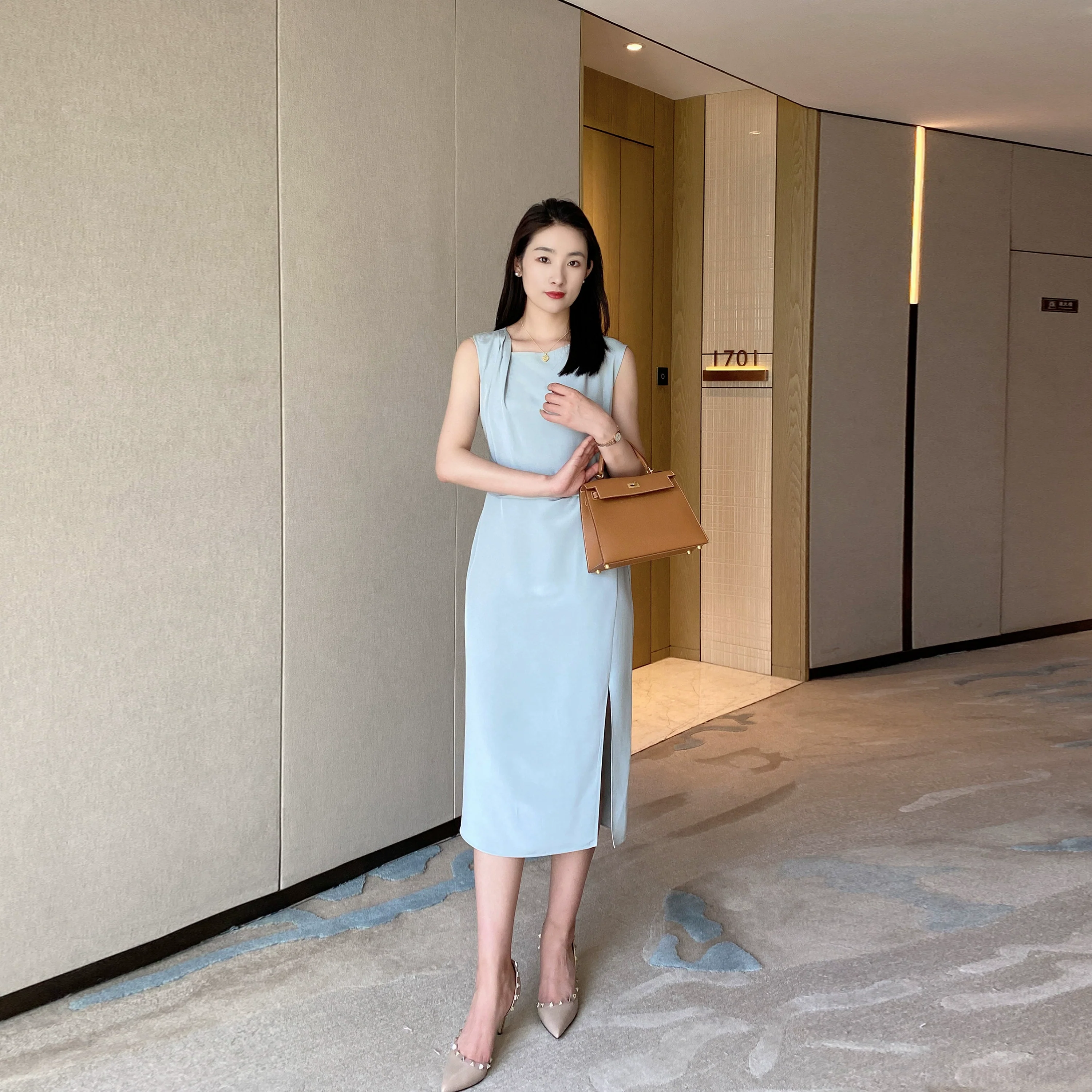 Summer Blue Elegant Sleeveless Dress High-Waist Mid-Length Skirt - Image 2