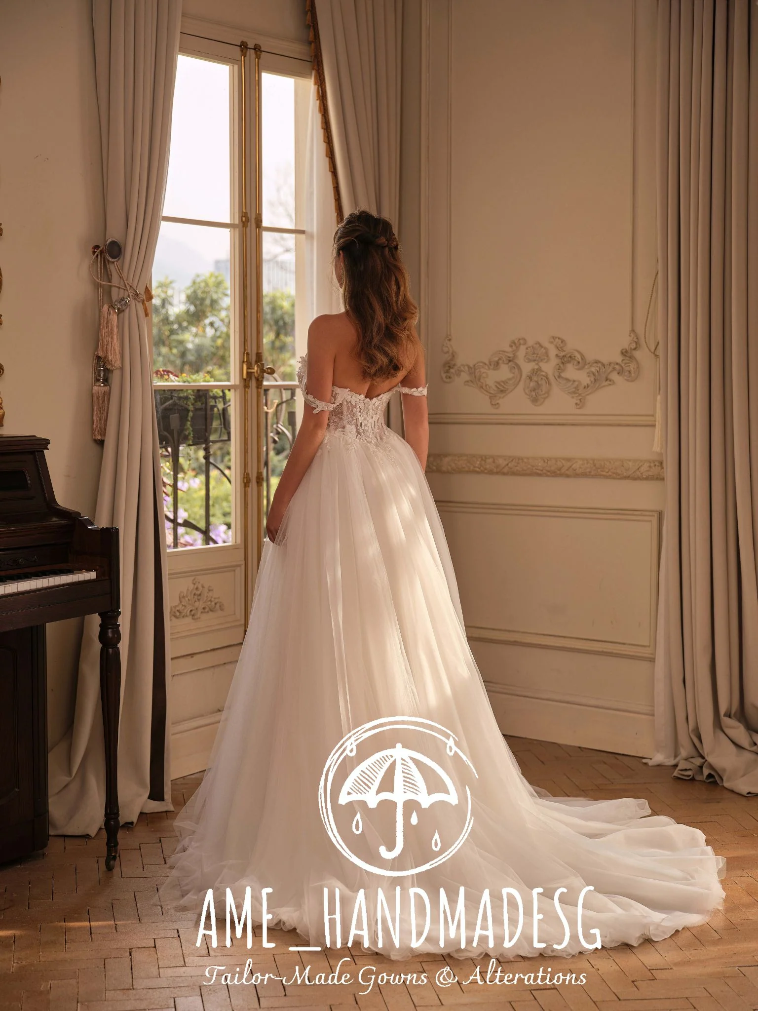 Golden Grace – An Off-Shoulder Lace A-Line Bridal Gown with Ethereal Tulle Sleeves - Image 2