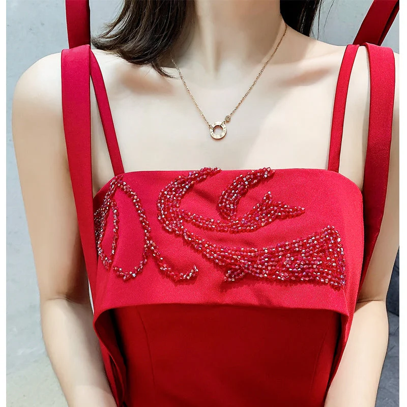 Tribute bride new long red wedding dress dress elegant sexy sling thin thank you banquet girl. - Image 4