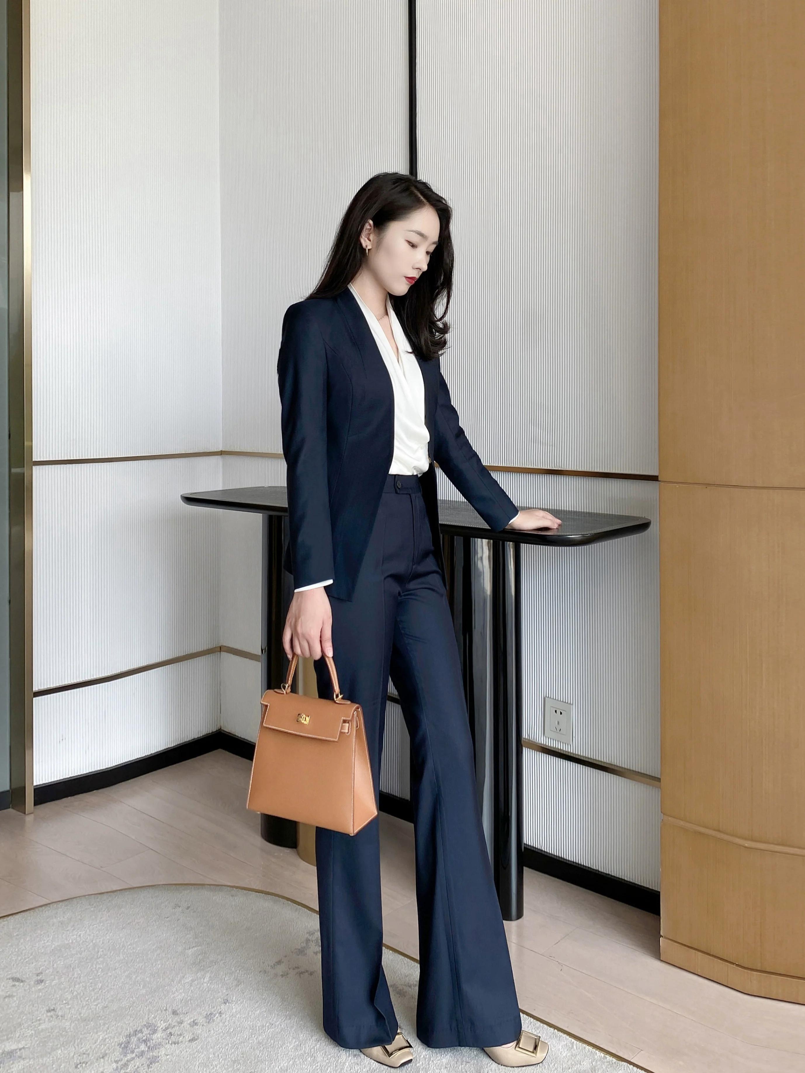 Women's Black Autumn Wool Suit Set with Flared Trousers - Image 2