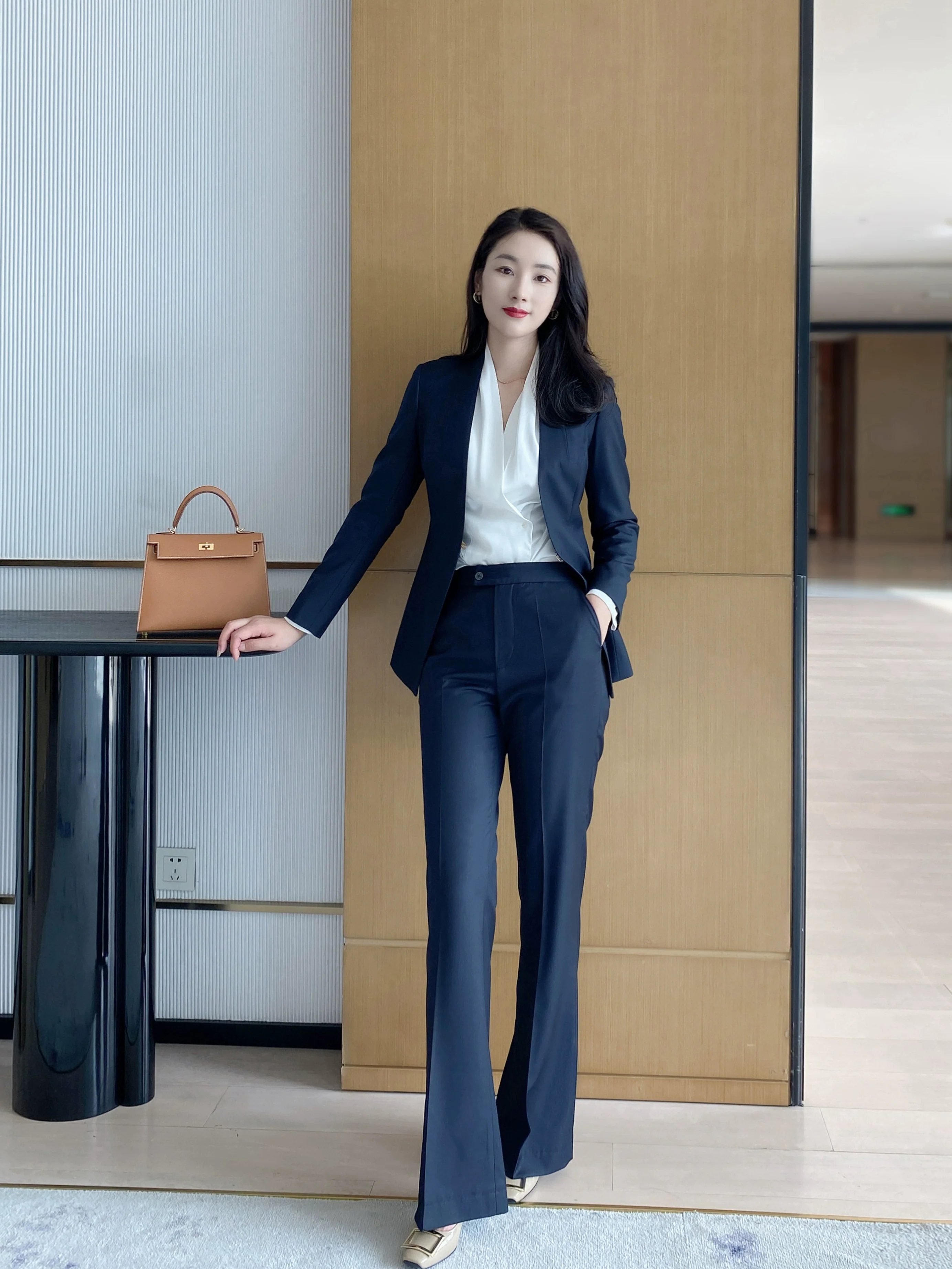 Women's Black Autumn Wool Suit Set with Flared Trousers - Image 3